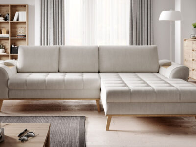 Nowoczesna sofa Nubo w jasnoszarym kolorze na tle minimalistycznego wnętrza