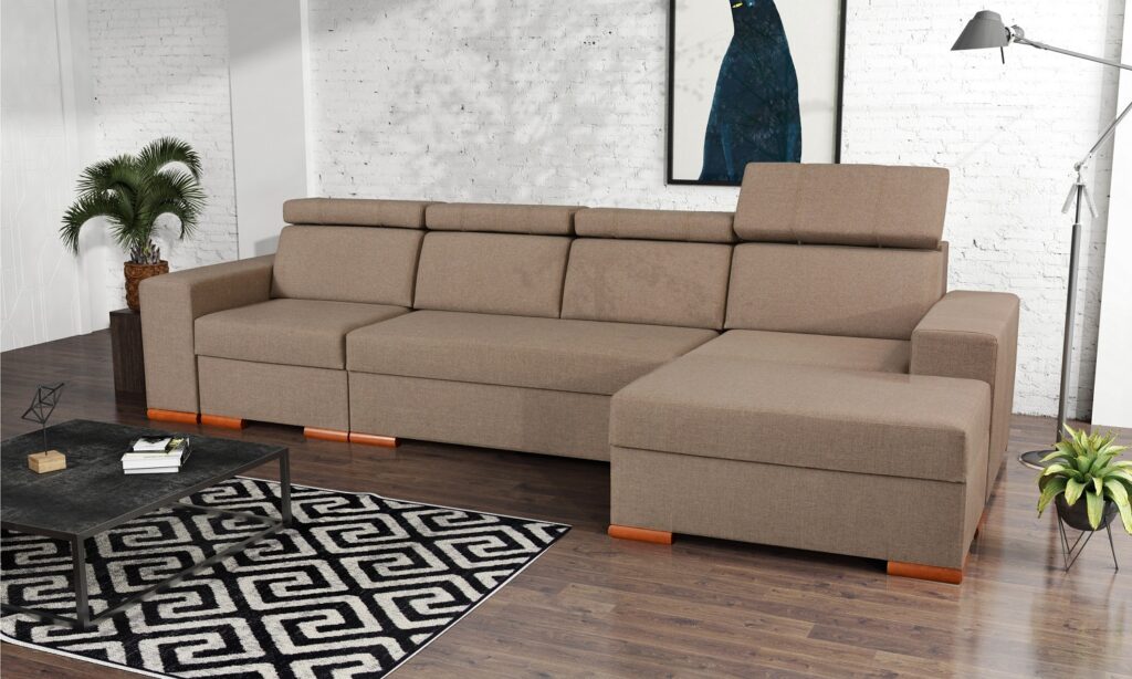 Narożnik rozkładany Soprano ZF1 z ruchomymi zagłówkami i pojemnikami na pościel w nowoczesnym wnętrzu