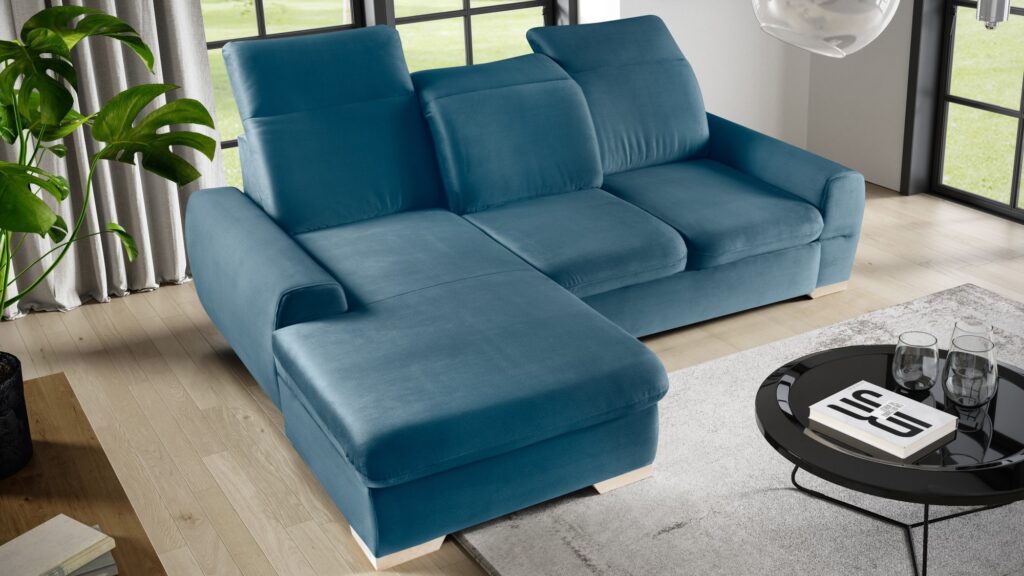 Narożnik rozkładany Senso w tkaninie Element-12, nowoczesny mebel do salonu z funkcją spania i pojemnikiem na pościel