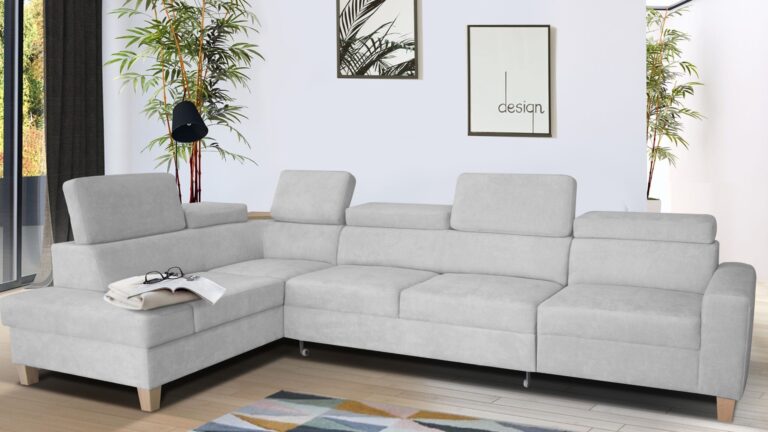 Narożnik rozkładany Leo Premium+1 w nowoczesnym salonie z funkcją spania i pojemnikiem na pościel