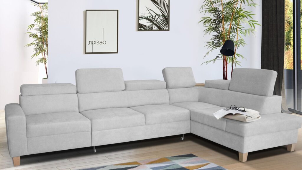 Narożnik rozkładany Leo Premium+1 w nowoczesnym salonie z funkcją spania i pojemnikiem na pościel