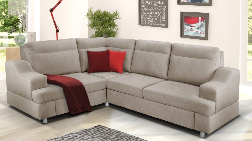 Narożnik rozkładany Vegas w nowoczesnym salonie z funkcją spania i pojemnikiem na pościel