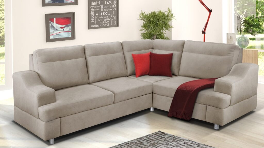 Narożnik rozkładany Vegas w nowoczesnym salonie, z funkcją spania i pojemnikiem na pościel