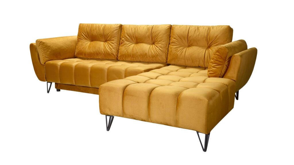 Narożnik rozkładany Pedro w nowoczesnym salonie z funkcją spania i pojemnikiem na pościel