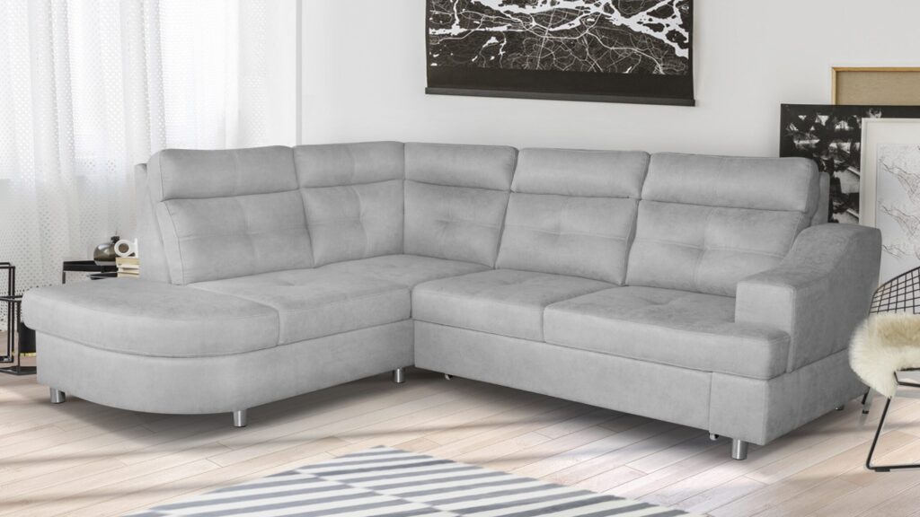 Narożnik rozkładany Novelus Premium w nowoczesnym salonie, z funkcją spania i pojemnikiem na pościel