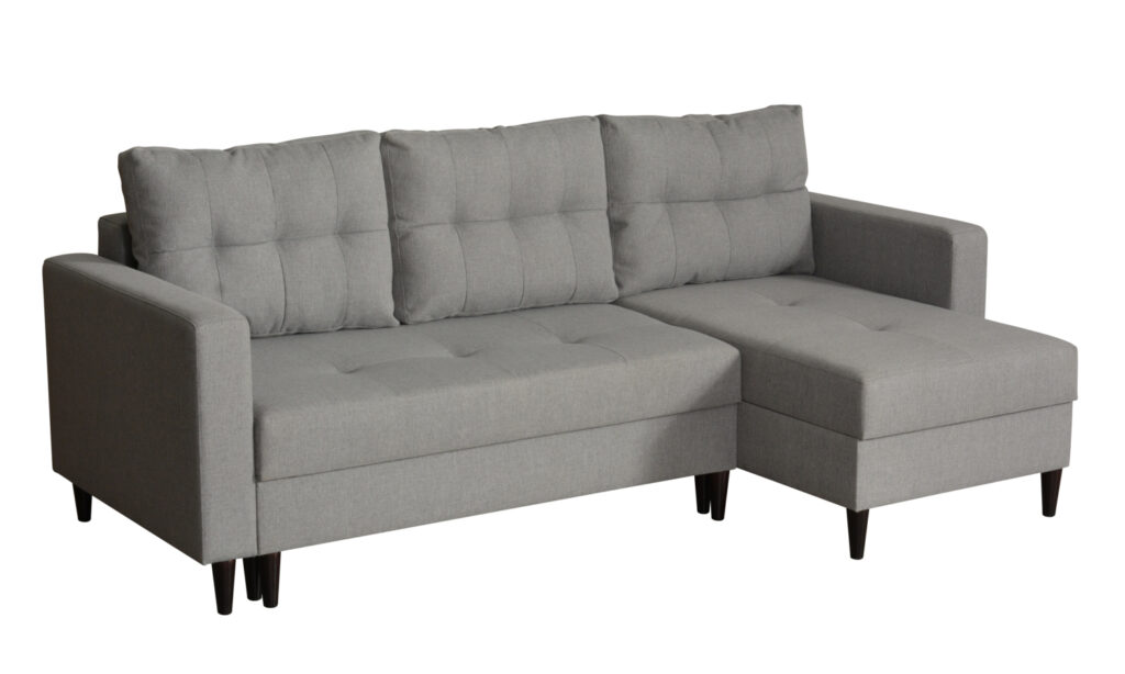 Narożnik rozkładany Vintage Z1 w stylu skandynawskim z pikowanymi poduszkami i drewnianymi nogami