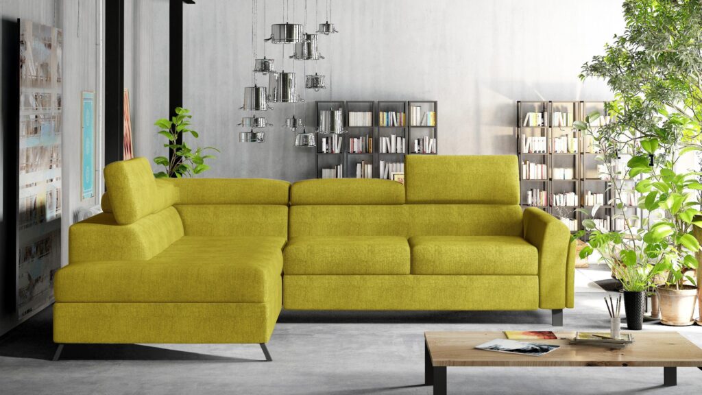 Narożnik rozkładany Kairos w tkaninie Omega-68 z funkcją spania i pojemnikiem na pościel