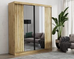 Szafa przesuwna Molli 150 z lustrem, wykonana z płyty laminowanej, nowoczesny design w kolorze biały dąb