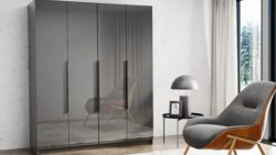 Szafa uchylna Paris Połysk 160 w kolorze szarym z połyskiem, nowoczesny design, drzwi łamane i czarne uchwyty