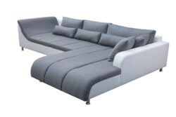 Narożnik nierozkładany Axe w tkaninie Inari-94 i Soft-17 z ośmioma poduszkami i chromowanymi nóżkami