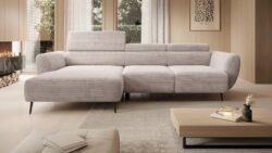 Nowoczesna sofa Alisson w jasnoszarym kolorze na tle minimalistycznego wnętrza