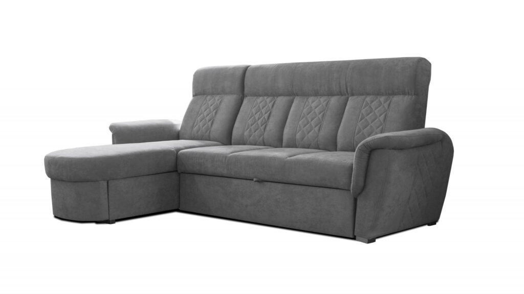 Narożnik rozkładany Boston OT-III w jasnoszarej tkaninie z wysokim oparciem i pojemnikiem na pościel