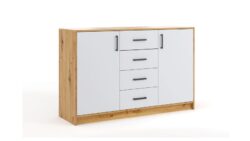 Komoda Bahli Mat w białym macie z czterema szufladami i dwoma drzwiami, nowoczesny minimalistyczny design