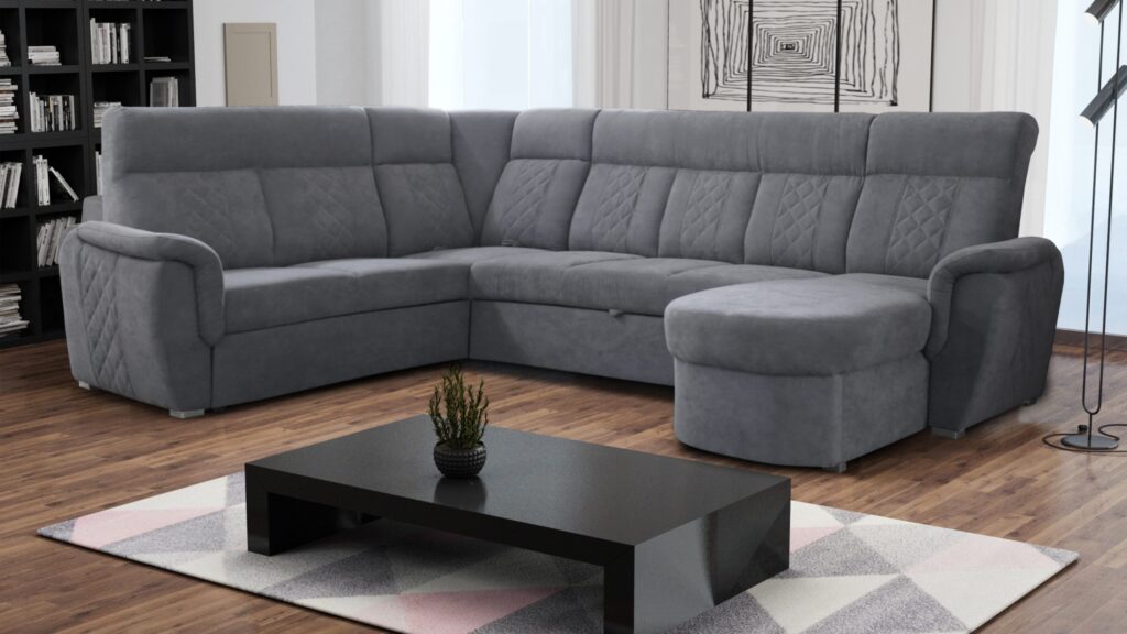 Narożnik rozkładany Boston OT-III-R-II w nowoczesnym salonie z funkcją spania i pojemnikiem na pościel