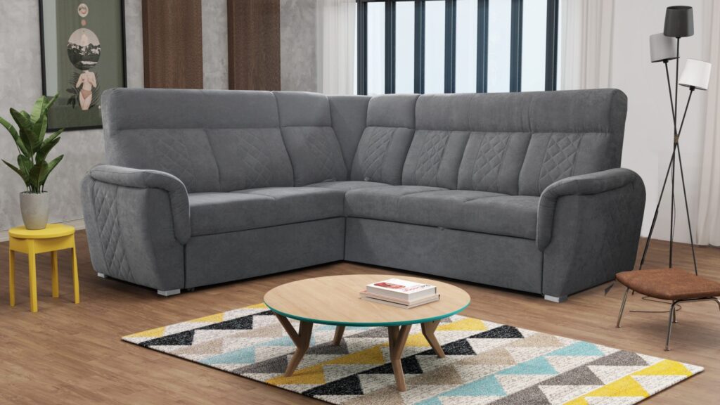 Narożnik rozkładany Boston III-R-II w nowoczesnym salonie, z funkcją spania i pojemnikiem na pościel