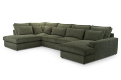 Narożnik nierozkładany Cleo U w tkaninie Lincoln-86 z szerokimi leżankami i czarnymi plastikowymi nóżkami