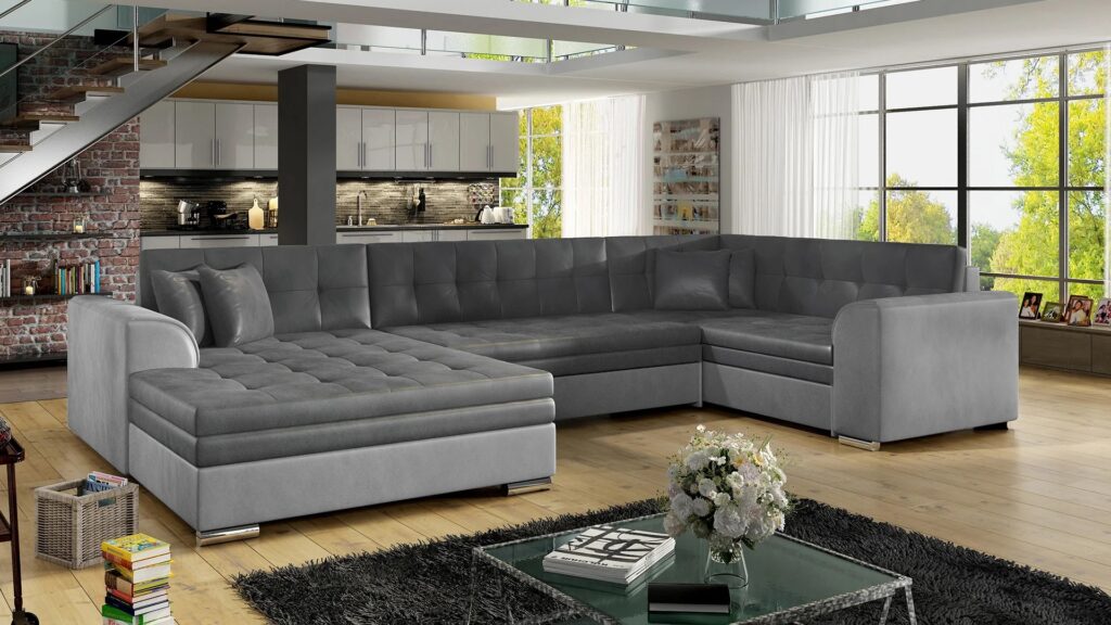 Narożnik rozkładany Damario w tkaninie Monolith-97 i Monolith-84 z funkcją spania i pojemnikiem na pościel