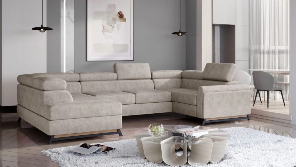 Narożnik rozkładany Escada w tkaninie Dora-21 z regulowanymi zagłówkami i czarnymi metalowymi nogami