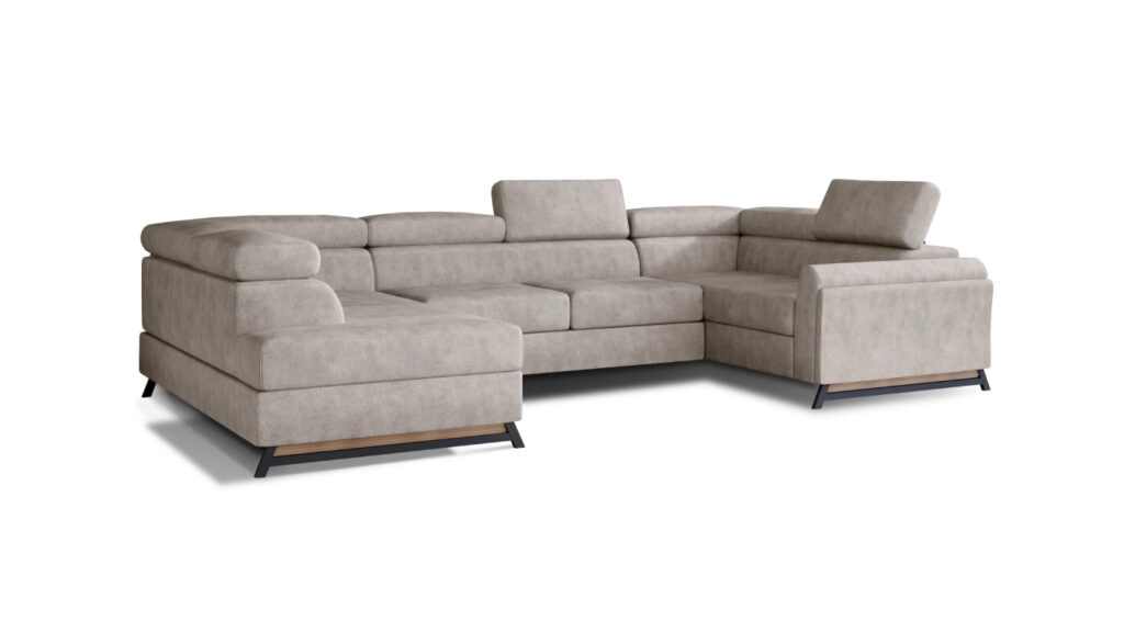 Narożnik rozkładany Escada w tkaninie Dora-21 z regulowanymi zagłówkami i czarnymi metalowymi nogami