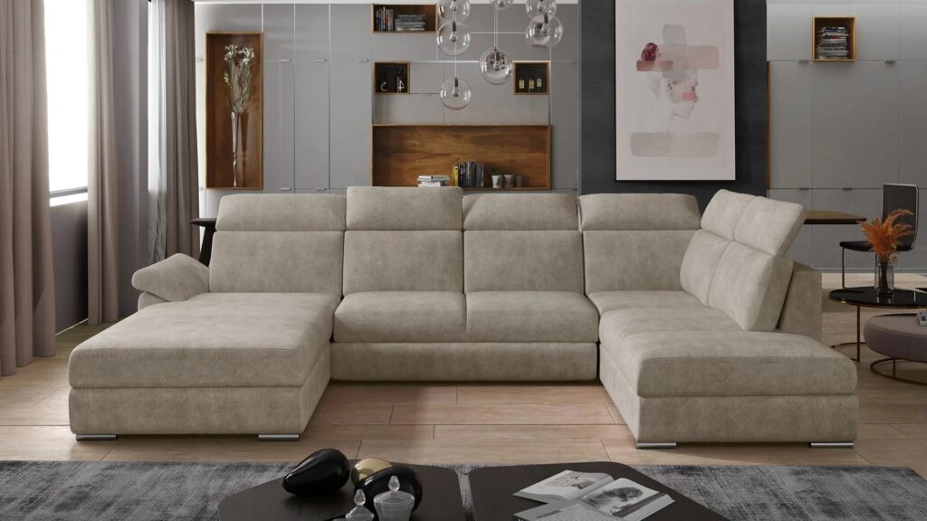 Narożnik rozkładany Evanell w tkaninie Dora-21 z regulowanymi zagłówkami i metalowymi nogami