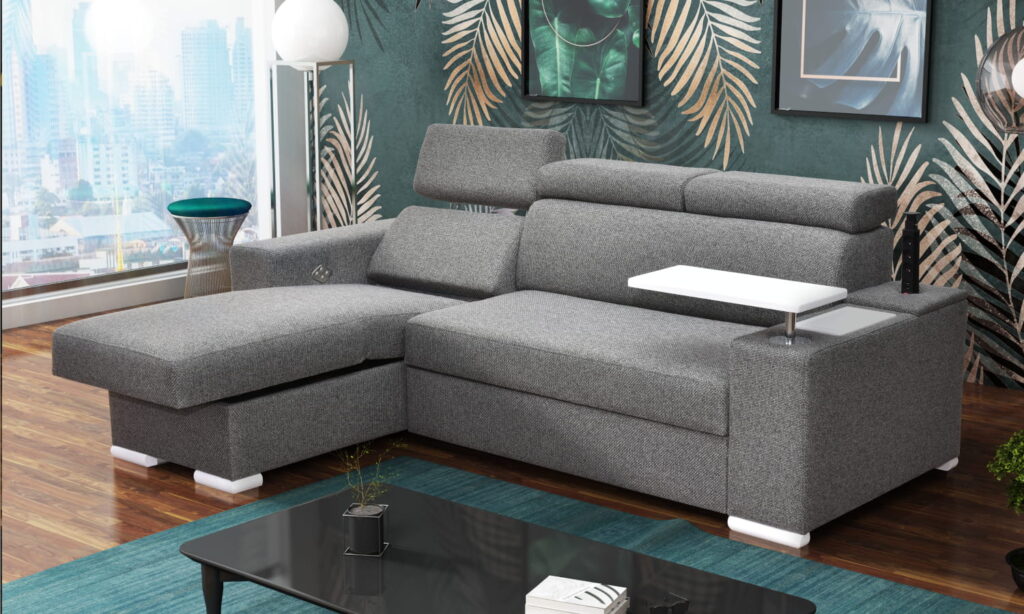 Mały szary narożnik FENIX Z4 z funkcją spania, stolik pod laptopa, regulowane zagłówki i elektryczny fotel relaks