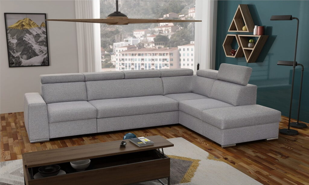 Duży szary narożnik FENIX ZF2 z regulowanymi zagłówkami, funkcją spania i pojemnikami na pościel