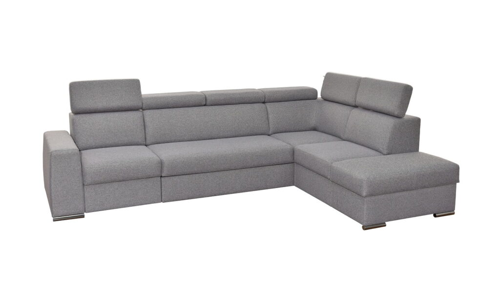 Narożnik rozkładany Fenix ZF2 w nowoczesnym salonie z regulowanymi zagłówkami i pojemnikiem na pościel