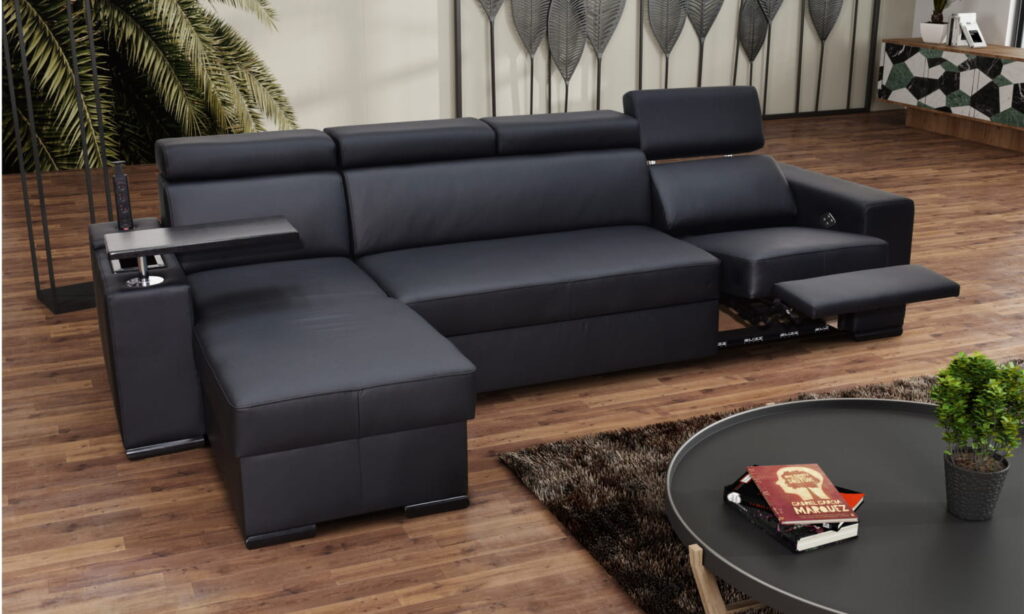 Narożnik FENIX ZF3 ze skóry naturalnej z modułem relax i blatem pod laptopa