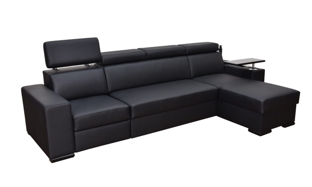 Elektrycznie rozkładany narożnik Fenix ZF3 z funkcją spania, stolikiem na laptopa i fotelem ze skóry