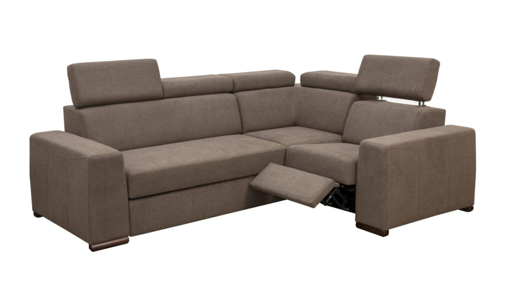 Brązowy narożnik elektryczny Fenix H1 z regulowanymi zagłówkami i pojemnikiem na pościel