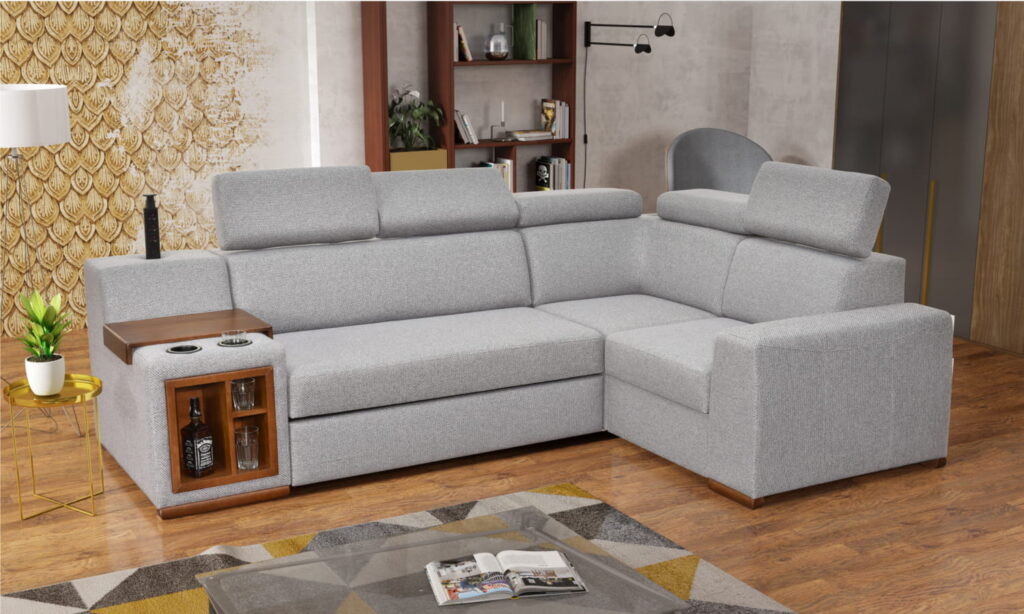 Szary narożnik Fenix H10 z barkiem i wbudowanym gniazdem ładowania USB