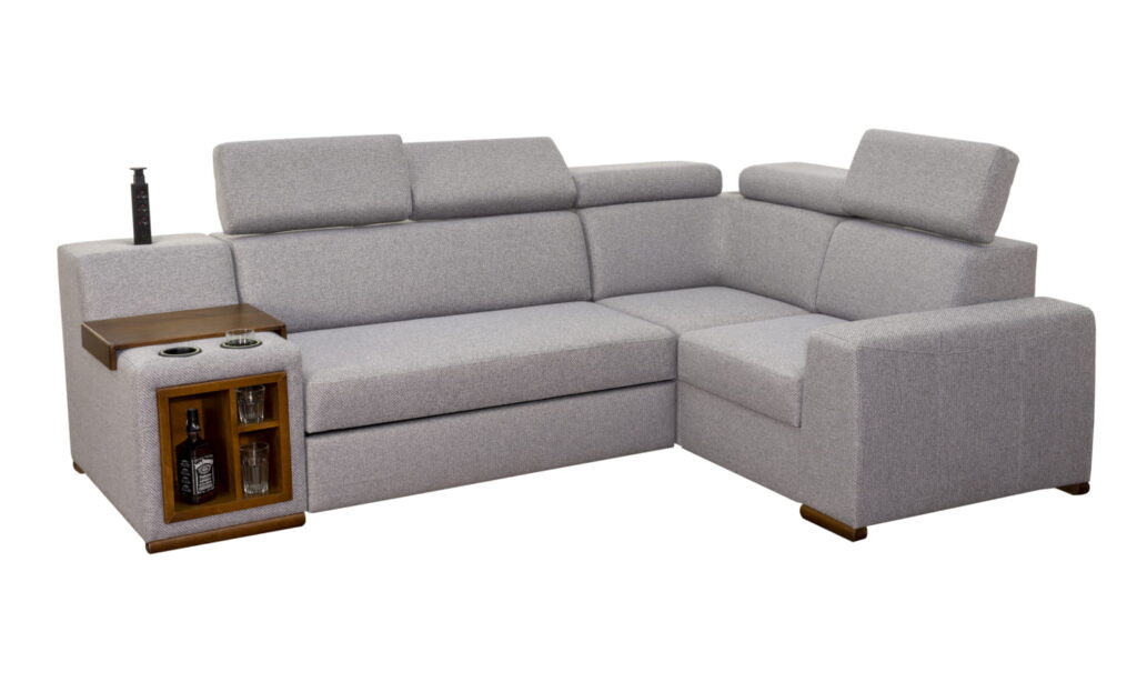 Szary narożnik elektryczny Fenix H10 z barkiem, regulowanymi zagłówkami, pojemnikiem na pościel i gniazdem USB