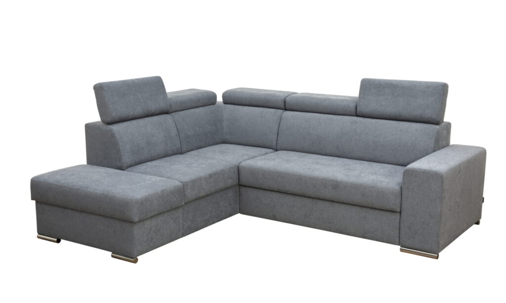 Narożnik rozkładany Fenix H9 z regulowanymi zagłówkami i pojemnikami na pościel w nowoczesnym wnętrzu