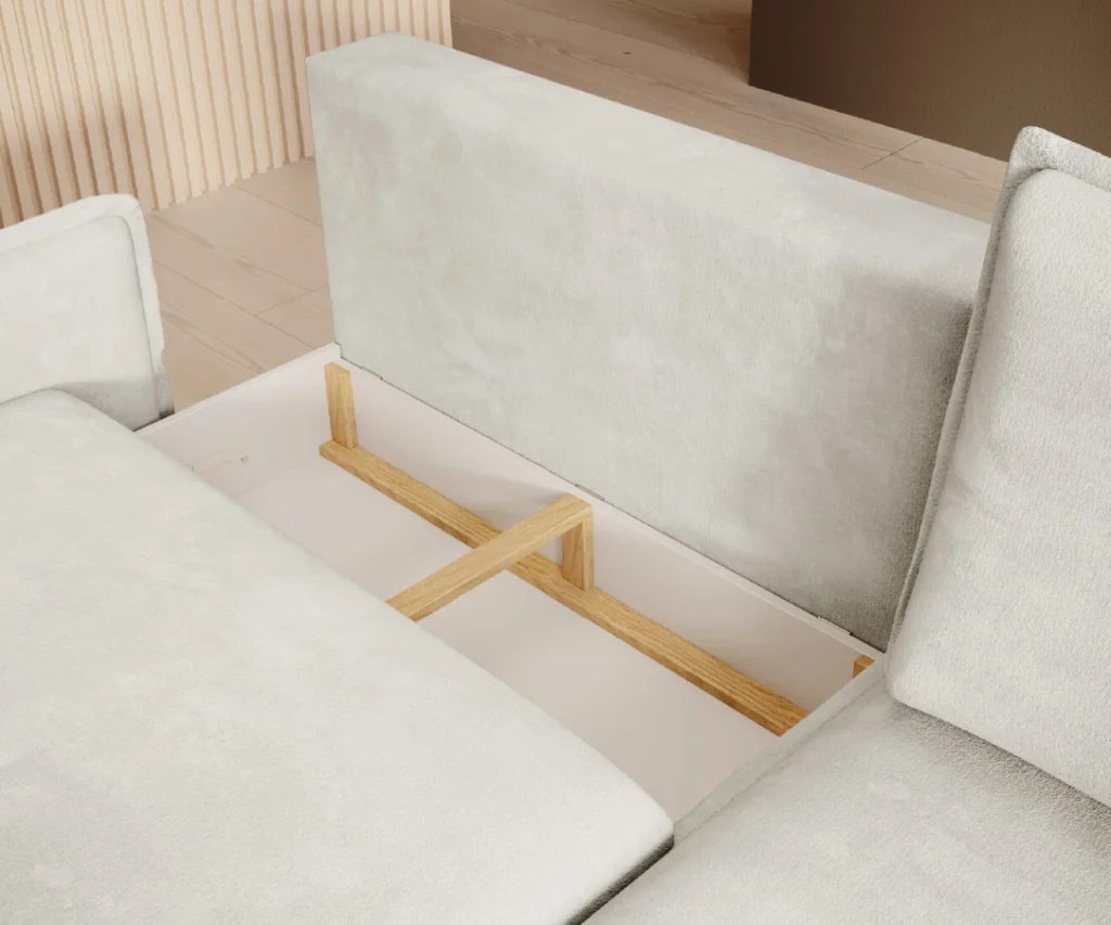 Narożnik rozkładany Glossy w tkaninie Aphrodite-1 z pojemnikiem na pościel i funkcją spania