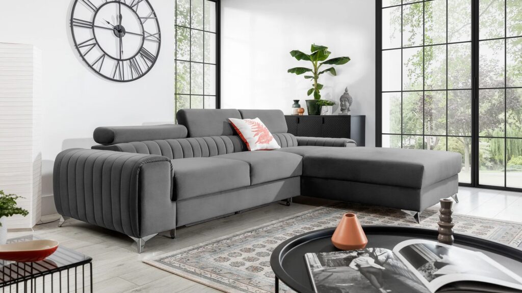 Narożnik rozkładany Grayson w tkaninie Nube-03 z funkcją spania i pojemnikiem na pościel