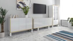 Biała komoda Henry z połyskiem na metalowych nóżkach, nowoczesny design do salonu