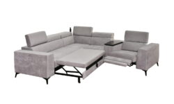 Duża szara sofa narożna HERON M10 z funkcją spania, modułem relax, gniazdkiem USB i zagłówkami