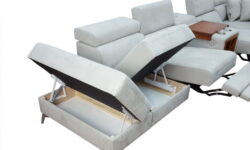Duża narożna sofa HERON M26 w stylu loft z wysokimi nogami, pojemnikami i uchwytem na kubek