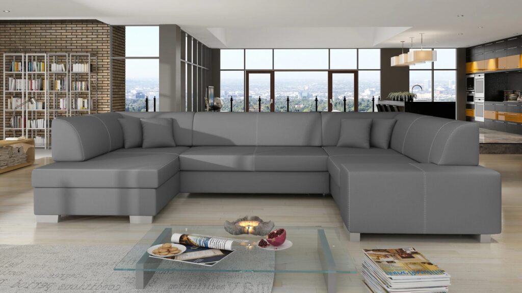 Narożnik rozkładany Havana w tkaninie Soft-29 o nowoczesnym, geometrycznym kształcie w formie litery U