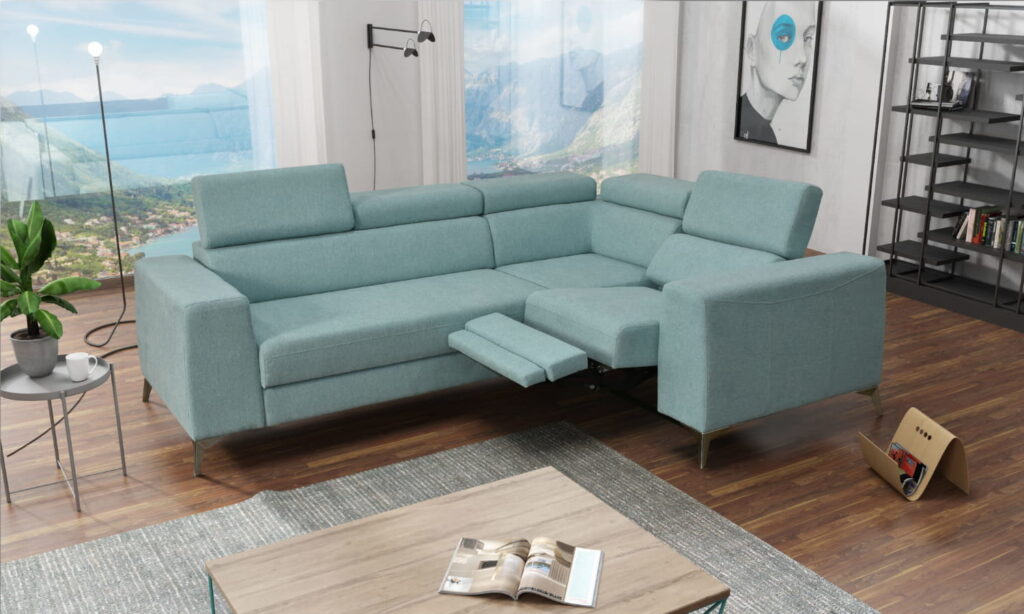 Nowoczesna rogówka Heron H2 z funkcją relaks i regulowanymi zagłówkami w stylowym salonie