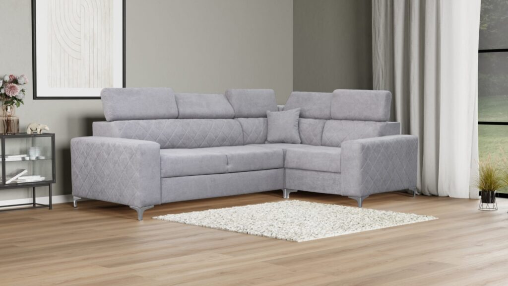 Narożnik rozkładany Logan II-R-I z regulowanymi zagłówkami i pojemnikiem na pościel w nowoczesnym salonie