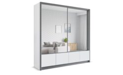 Szafa przesuwna LUIS 200 z dużym lustrem, biała z szarą listwą, nowoczesny design