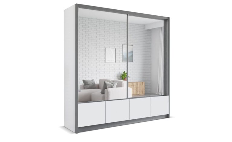 Szafa przesuwna LUIS 200 z dużym lustrem, biała z szarą listwą, nowoczesny design