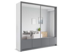 Szafa przesuwna LUIS 200 z dużym lustrem, biała z szarą listwą, nowoczesny design
