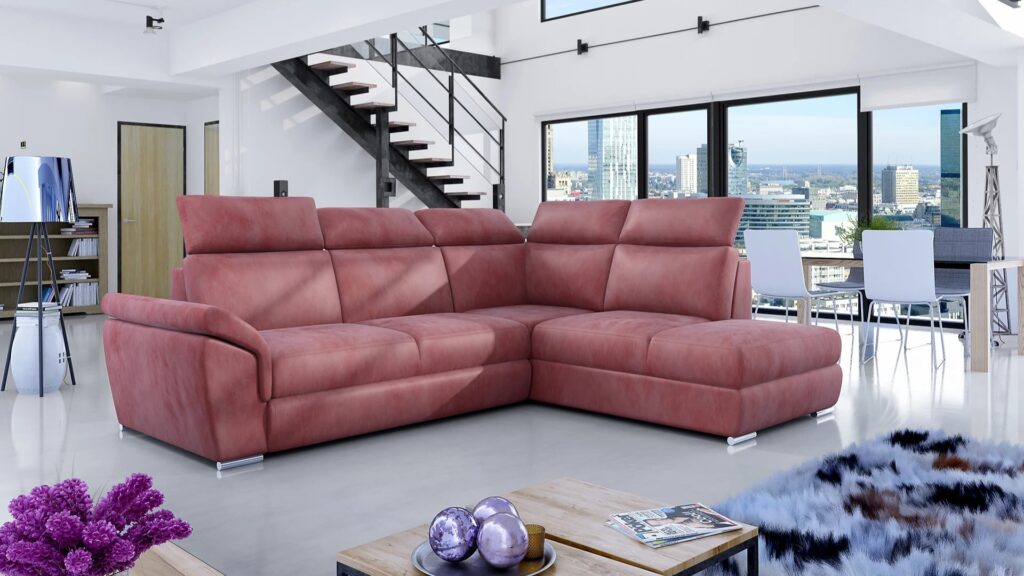 Narożnik rozkładany Loreto w tkaninie Monolith-63 z regulowanymi zagłówkami i chromowanymi nogami