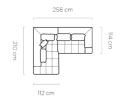 Szkic techniczny narożnika tapicerowanego Magnetic z wymiarami i detalami konstrukcyjnymi