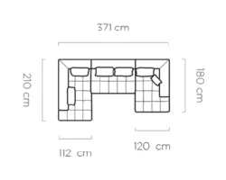 Szkic techniczny narożnika tapicerowanego Magnetic XL z wymiarami i szczegółami konstrukcji
