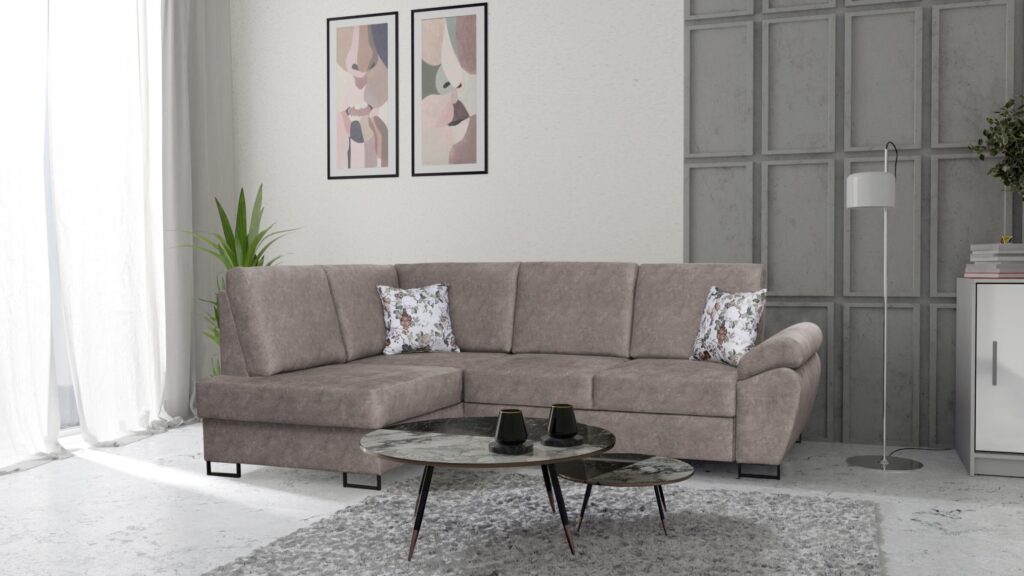 Narożnik rozkładany Milan w nowoczesnym salonie z funkcją spania i pojemnikiem na pościel