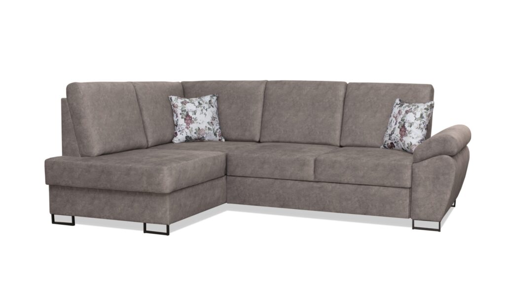 Narożnik rozkładany Milan w jasnoszarej tkaninie z funkcją spania i pojemnikiem na pościel