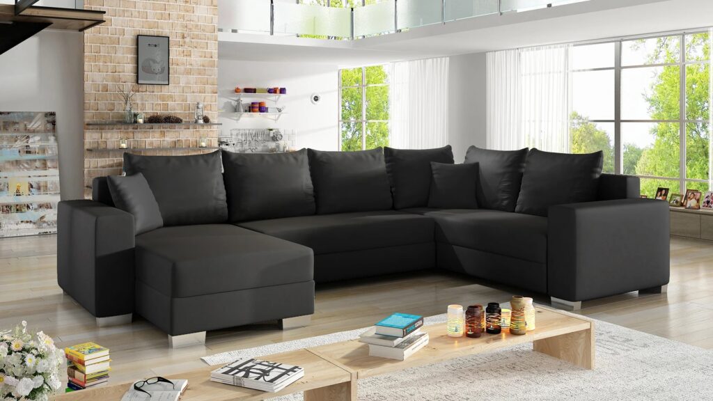 Narożnik rozkładany Marco w tkaninie Soft-11 w nowoczesnym salonie z funkcją spania i pojemnikiem na pościel